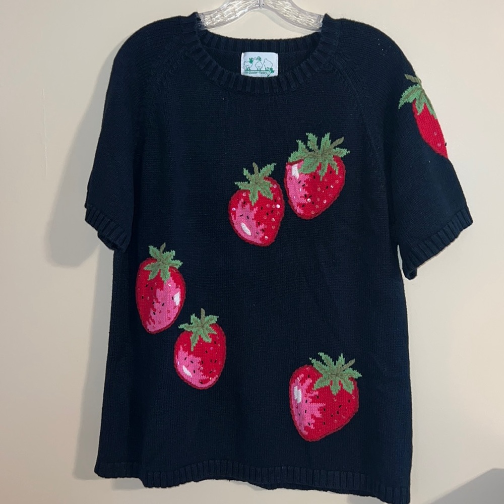 Quacker Factory Black Top with Red Strawberry Design